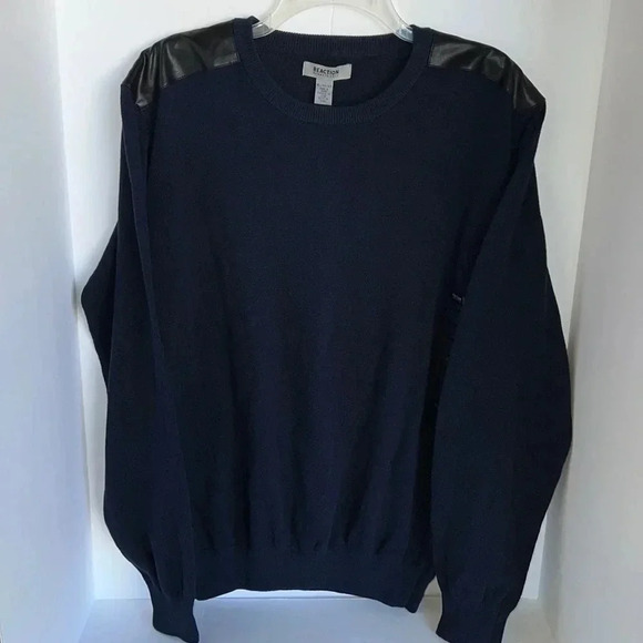 KENNETH COLE Reaction Sweater Navy w/Faux Leather Shoulders Men’s XL NWT - Picture 1 of 8
